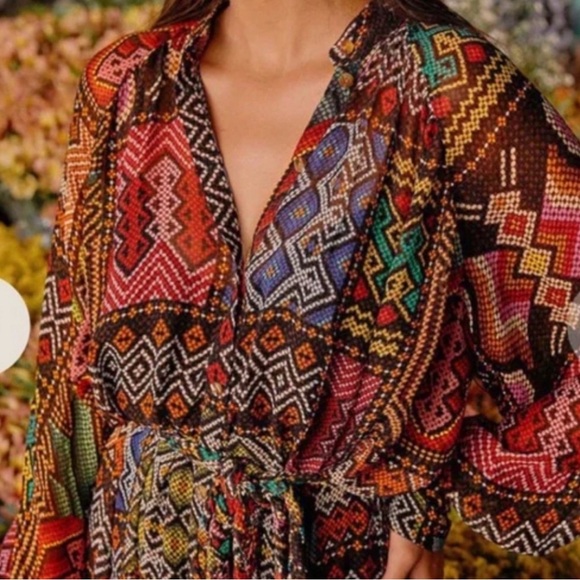 NWT FARM Rio Rauti Midi Dress Large Multi Abstract Tiered Long Sleeve High Neck - Picture 3 of 5